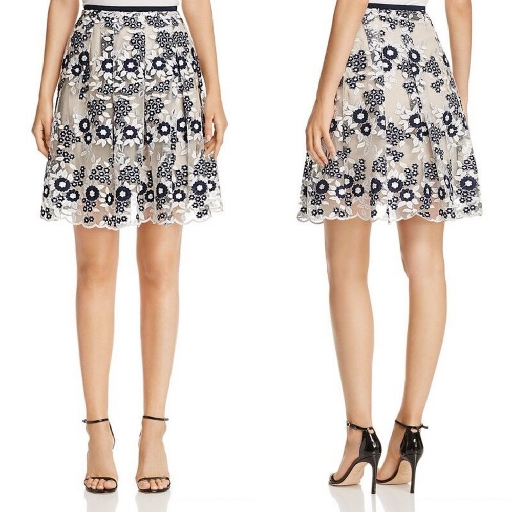 Tahari Embroidered Mesh Pleated Floral‎ Skirt Size XS Lined Party Blue Silver XS